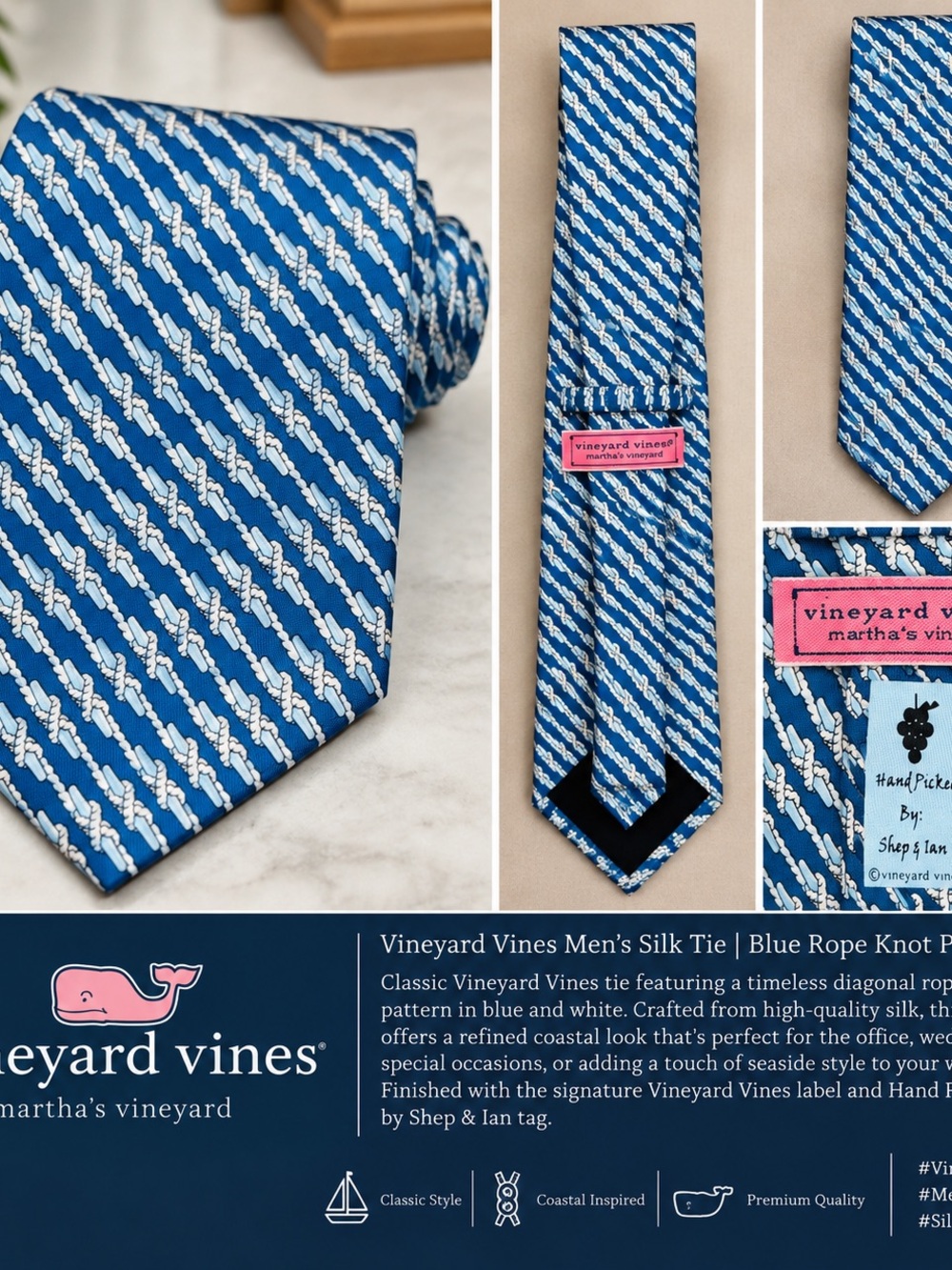 Vineyard Vines Blue and White Diagonal Rope Knot Silk Tie